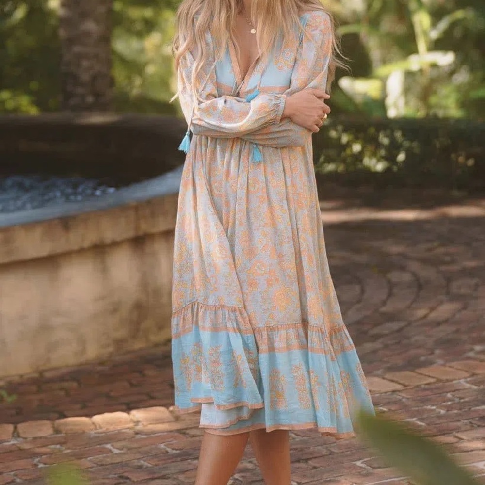 Spell Maxi Dress in Blue and Cream Juniper Boho Midi Dress - Eggshell Blue